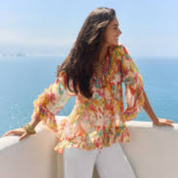 Johnny Was Jade GAL RUFFLE TIE BLOUSE Prismatic Dream XS - Picture 2 of 3